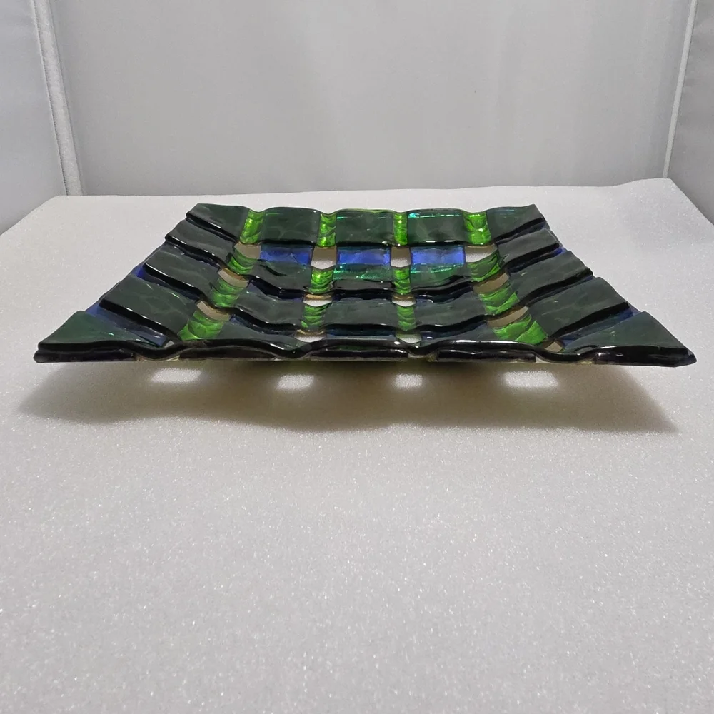 Il Vetraio Italy Fused Art Glass Plate Bowl 7.5” Green Blue Checkered (OT)
